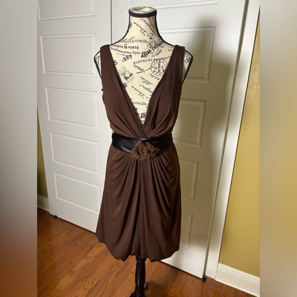 Cassandra Stone for Mac Duggal Chocolate Brown Deep V Bubble Hem Dress